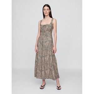 New Gap Maxi Dress Medium Linen Blend Tie Front Leopard Print Smocked Back Boho